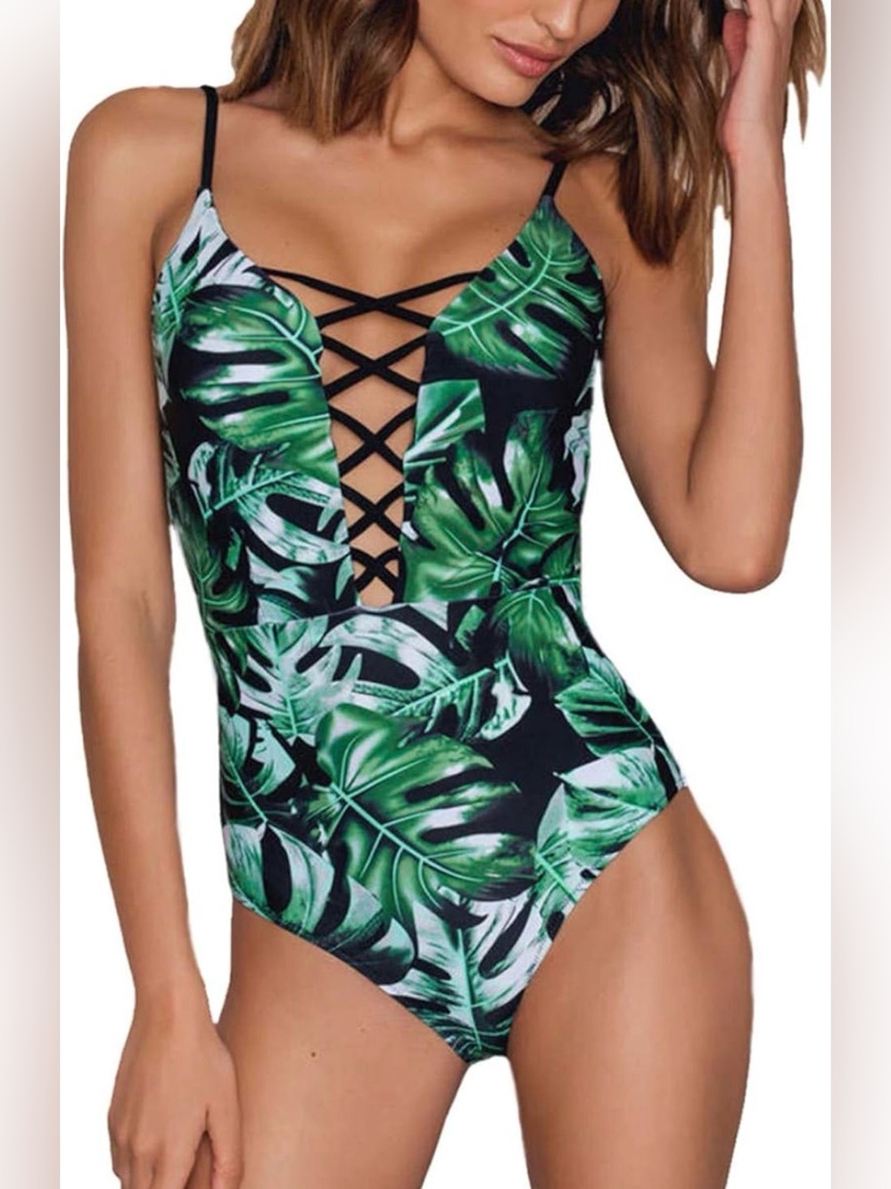 Black and Green Leaf One-Piece with Lattice Detail. Size large